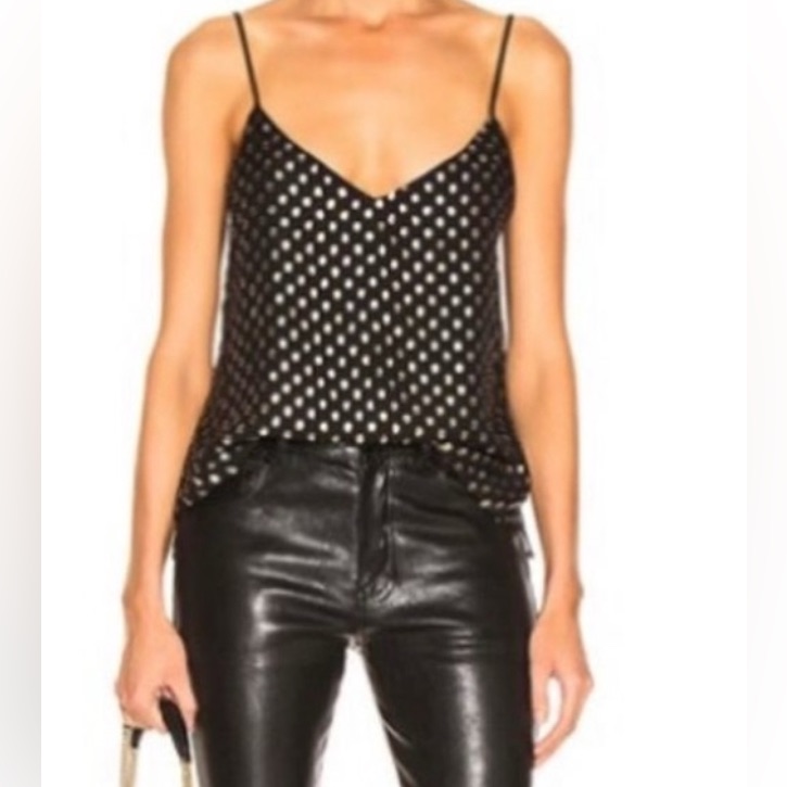 L'agance Jane V Neck Black And Plated Metalic Polka Dots Silk Camisole